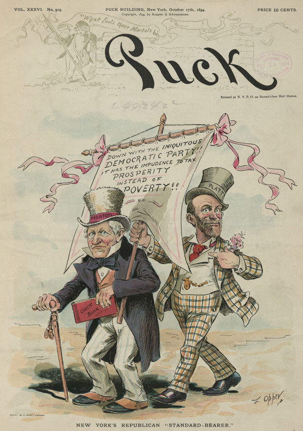 An 1894 chromolithograph mocking the Republican party's propensity to tax the poor more than the rich.