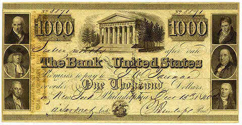 $1,000 note issued by the Second Bank of the United States.