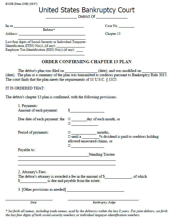 Bankruptcy Form 230B, Order Confirming Chapter 13 Plan.