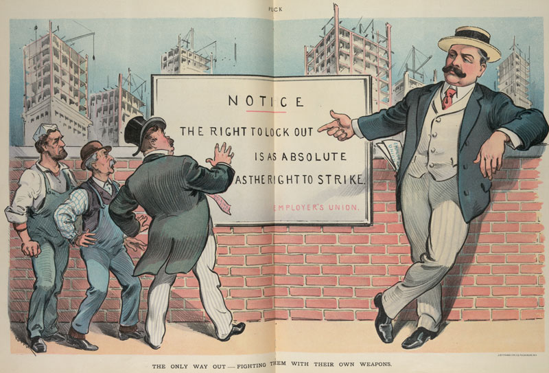 1903 Puck illustration showing that the employer's right to lockout unionized workers is as valid as the worker's right to strike.