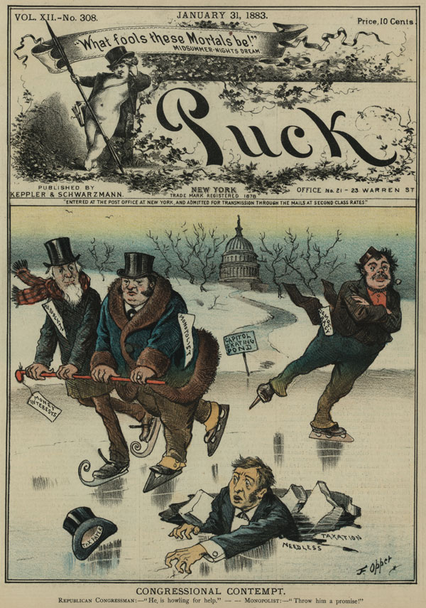 An 1883 chromolithograph showing a Republican Congressman and a monopolist skating on the ice while a taxpayer falls through the ice, struggling to get out.