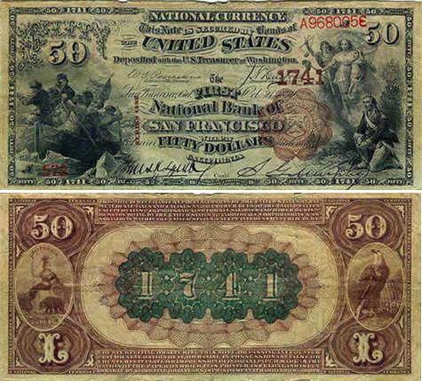 Front and back of a $50 National Bank Note issued by First National Bank of San Francisco, 1890.