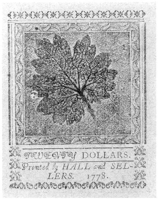 Colonial currency, with the following inscription: "Twenty dollars. Printed by Hall and Sellers, 1778. [Philadelphia]"