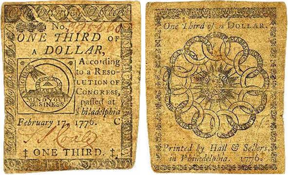 The front and back of a Continental note with a face value of 1/3 of a dollar issued by the Continental Congress to finance the American Revolutionary War.
