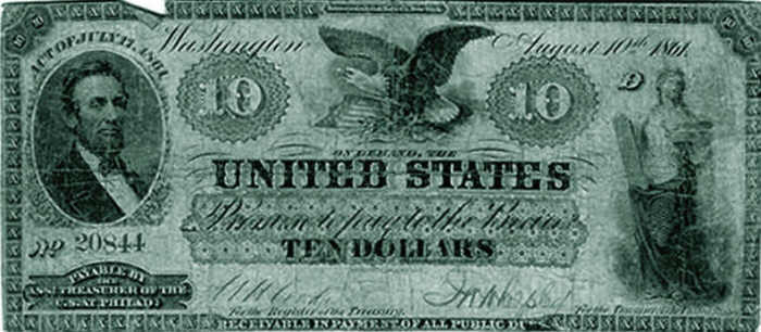 Demand Treasury note printed in 1861. These notes were the 1st paper currency printed by the United States government that were issued for the express purpose of serving as fiat money.