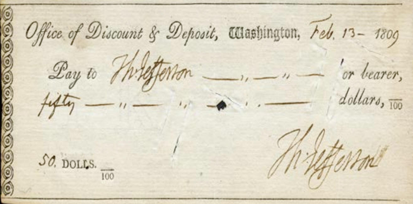 Self-endorsed personal check by Thomas Jefferson for $50 cash, February 13, 1809.