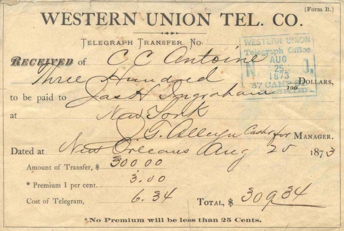 Western Union Telegram transferring $300 on August 25, 1873.