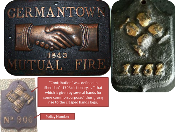 Examples of 3 fire insurance marks that were used in the 1700s and 1800s to mark which buildings were protected by a particular fire insurance company.