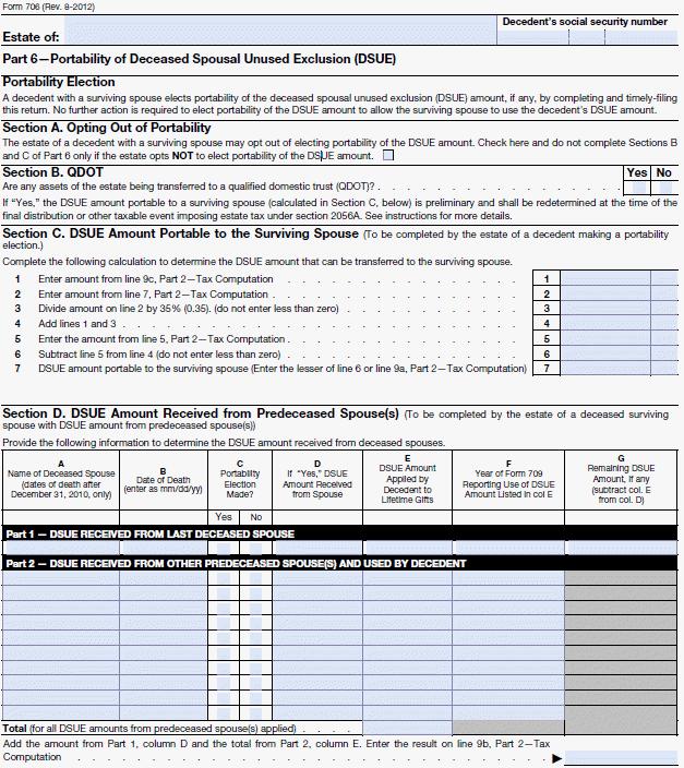 Part 6 of Form 706, United States Estate (and Generation-Skipping Transfer) Tax Return that is used to opt out of the deceased spousal unused exclusion (DSUE), or if elected, to calculate the amount of the DSUE that is available to the surviving spouse.