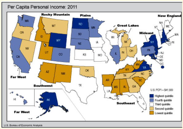 Map showing the distribution of personal income among the states, from the lowest to the highest quintile.